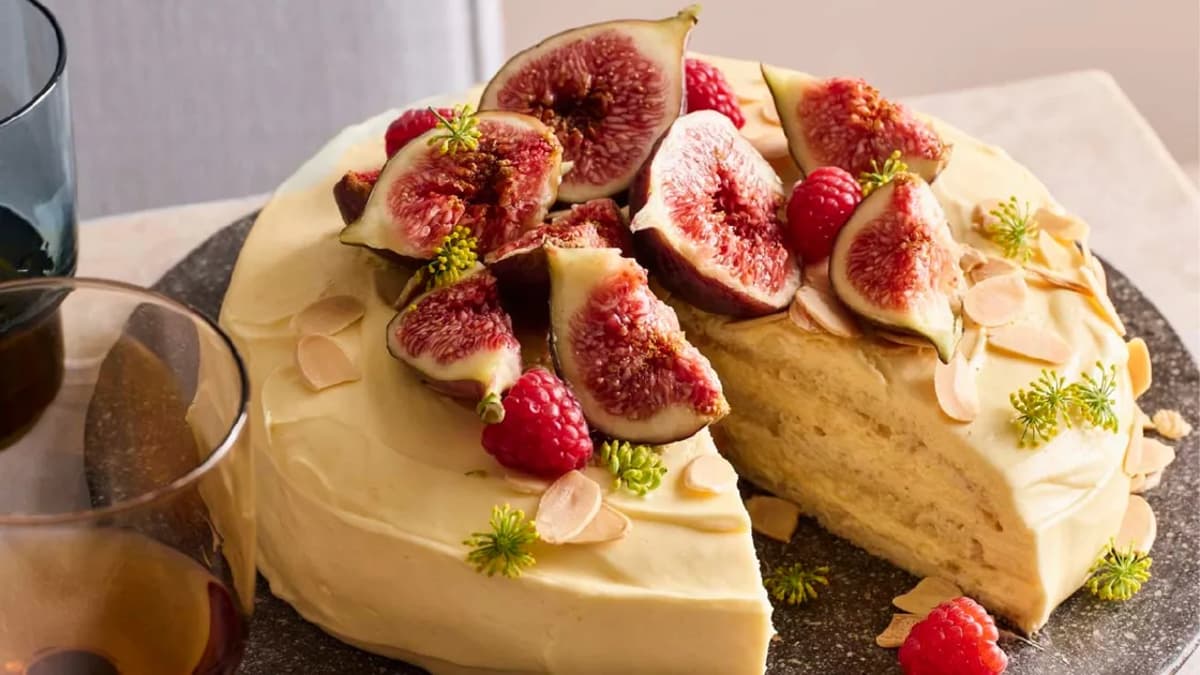 Stephanie Alexander’s Almond Meringue Cake with Lemon Curd Cream, Figs and Raspberries