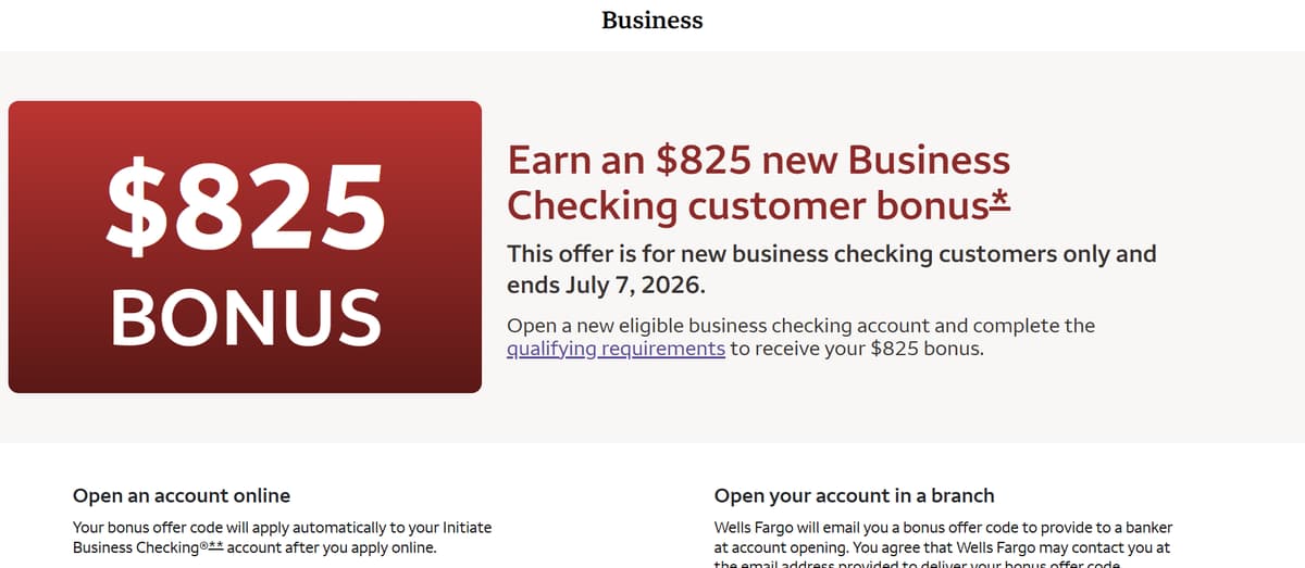Wells Fargo: $400 / $825 Bonus for New Business Checking Account (No Direct Deposit Required)
