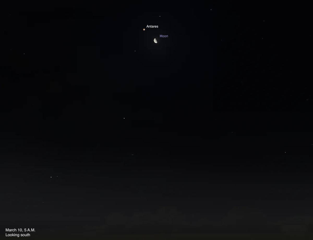The Sky Today on Tuesday, March 10: The Moon Visits Red Giant Antares