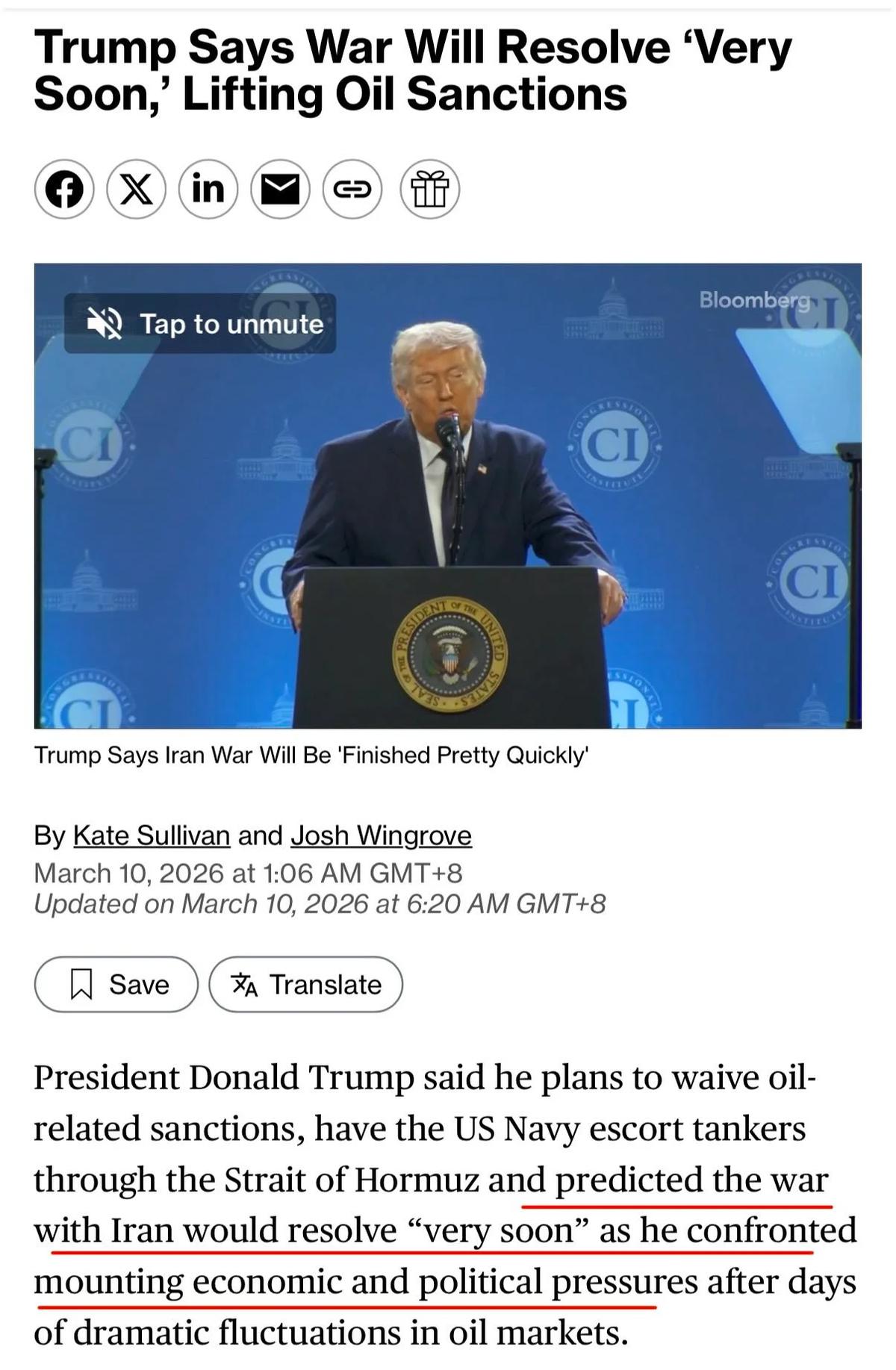 Trump Predicts Quick War End Amid Oil Dip