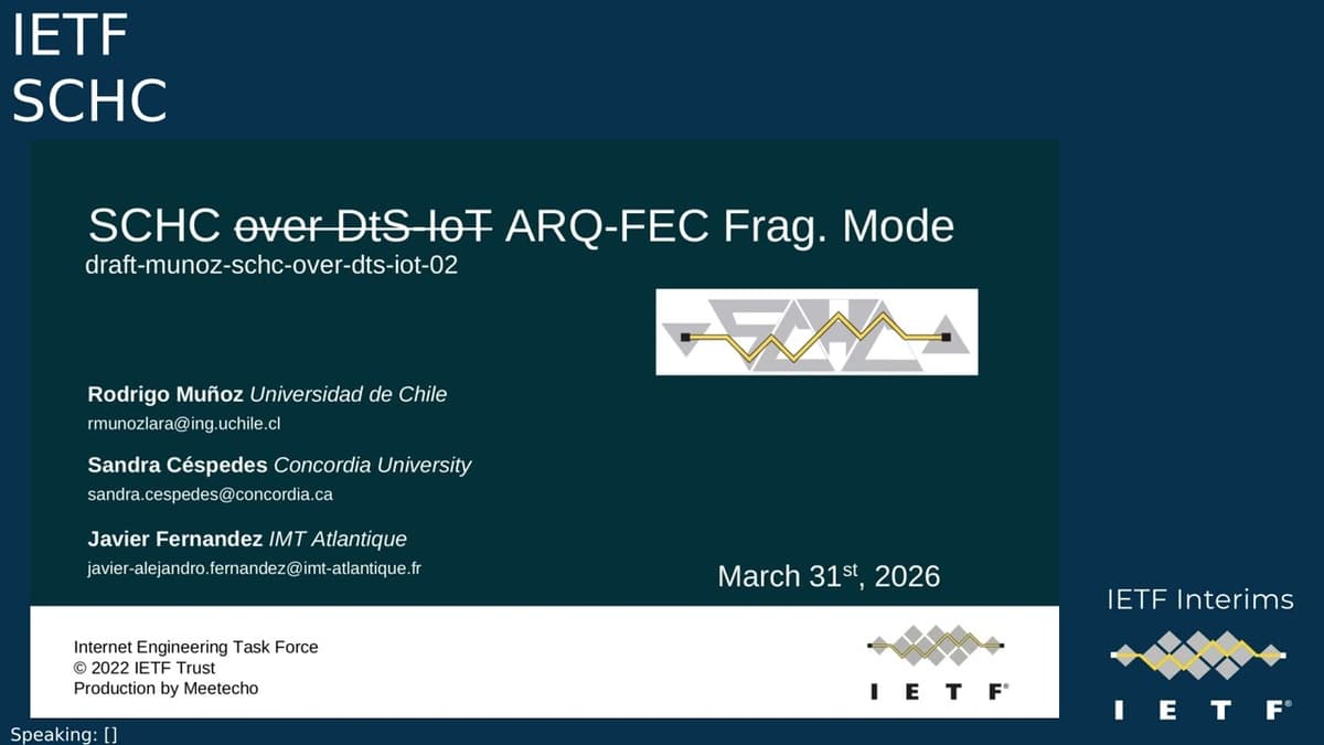 IETF Interim: Static Context Header Compression (SCHC) 2026-03-31 14:00