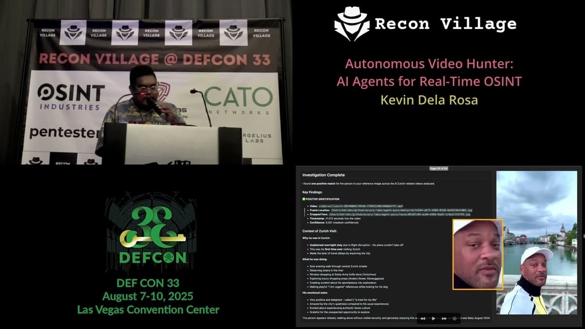 DEF CON 33 Recon Village - Autonomous Video Hunter AI Agents for Real Time OSINT - Kevin Dela Rosa