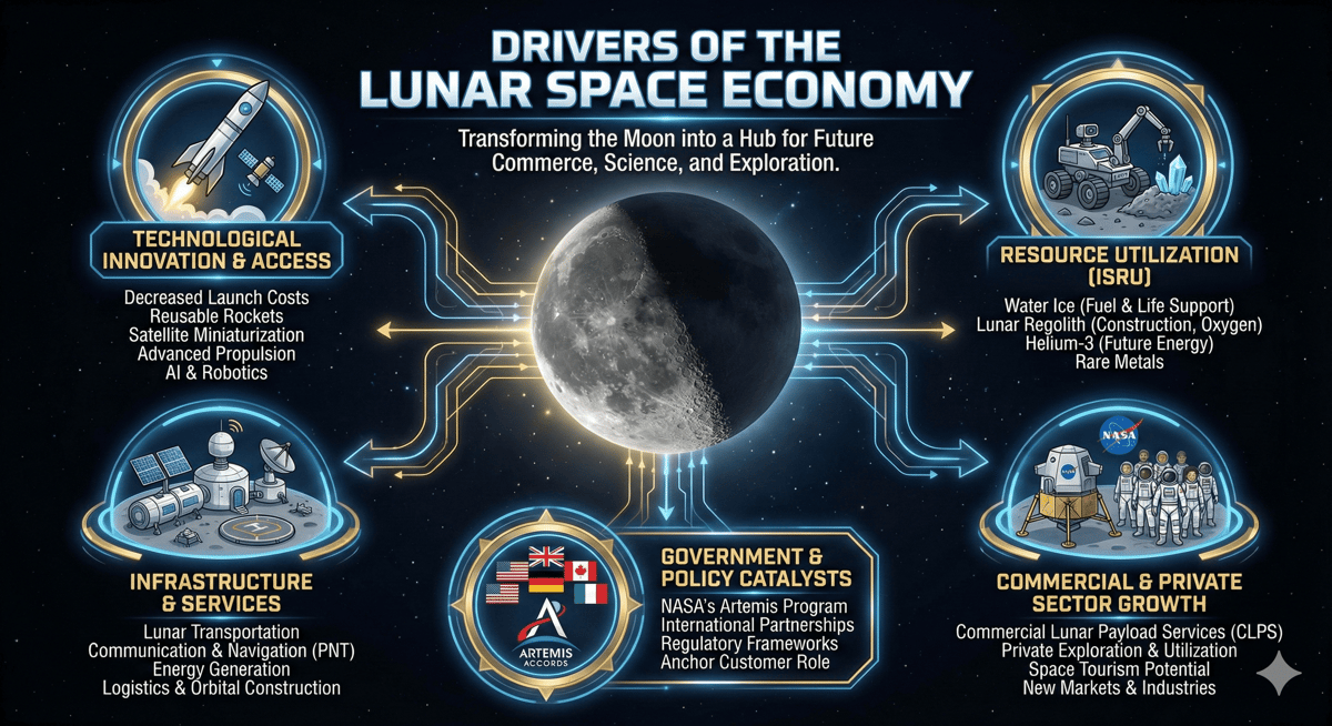 Drivers of the Lunar Space Economy: Demand, Activities, and Future Growth