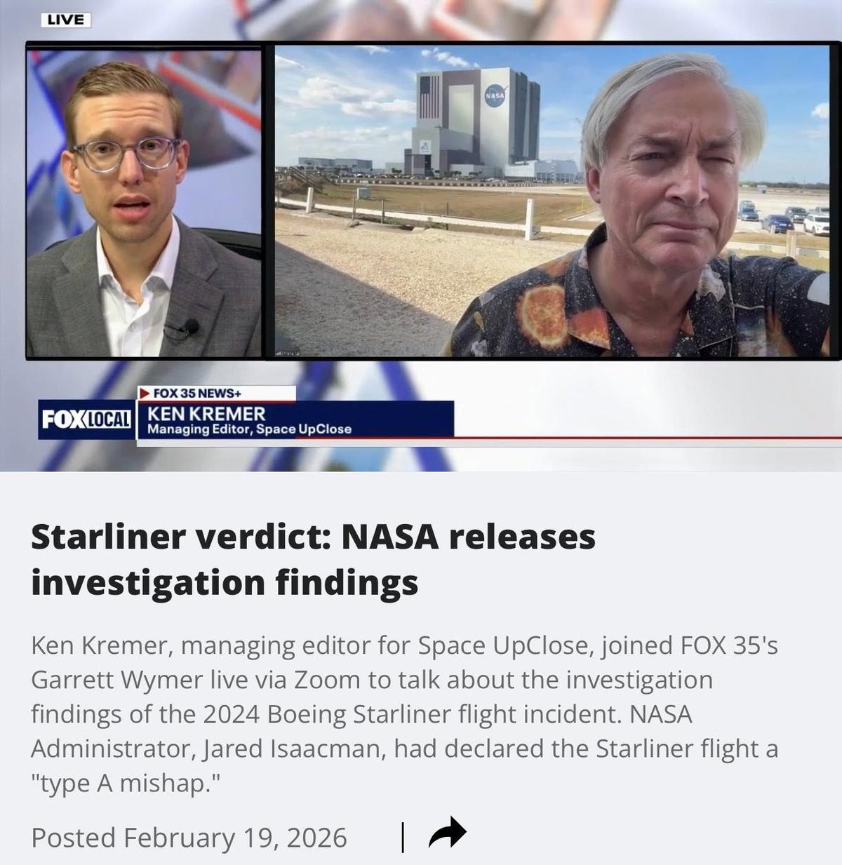 Ken Kremer Live Interview Fox 35 Orlando – Starliner Verdict: NASA Releases Investigation Findings Citing Type A Mishap: Video