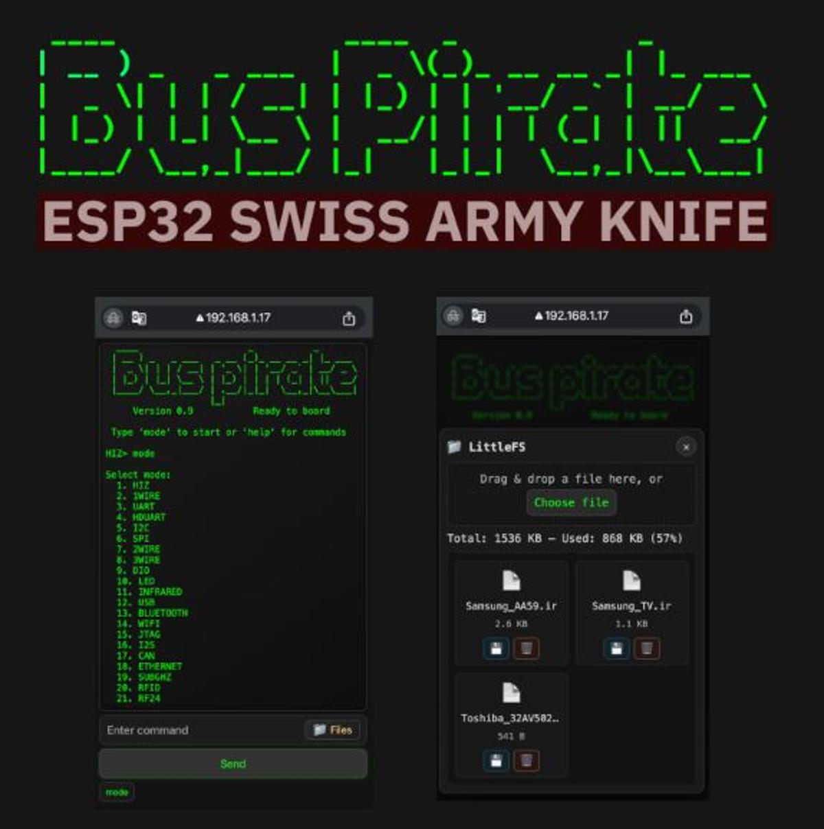 ESP32 Bus Pirate Update Adds RF Tools, USB Host Mode, Signal Analysis, and Cellular Plans