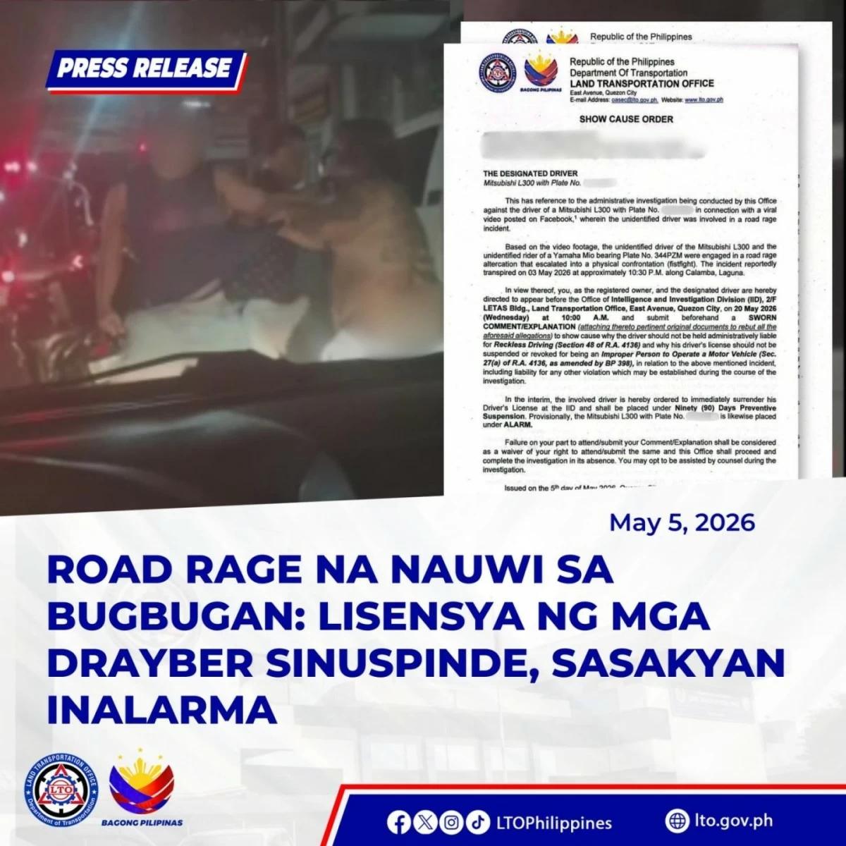 LTO Suspends, Eyes More Penalties vs Drivers in Calamba Road Rage