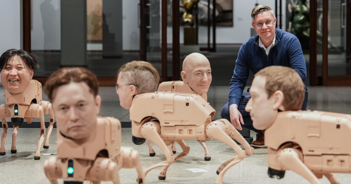 Robot Dogs with Musk and Zuckerberg Heads Roam Around Berlin Museum