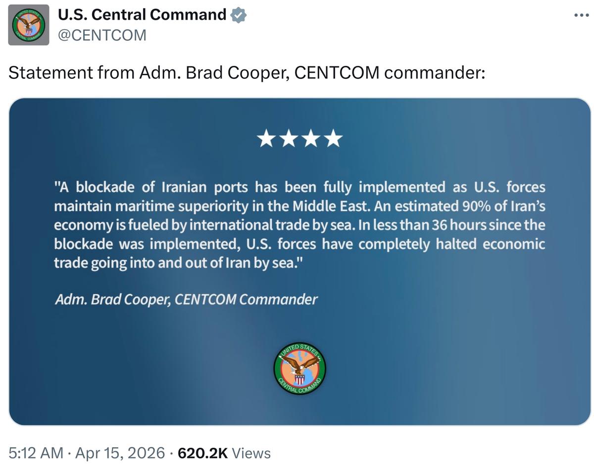 Blockade of Iranian Ports Fully Implemented – US CENTCOM Commander