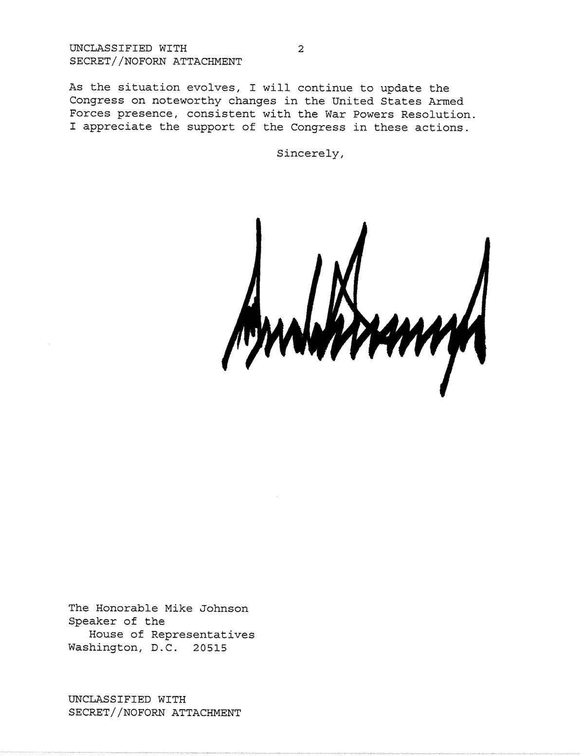 US President Trump Letter to the US House Regarding Operation Epic Fury and the War Powers Resolution