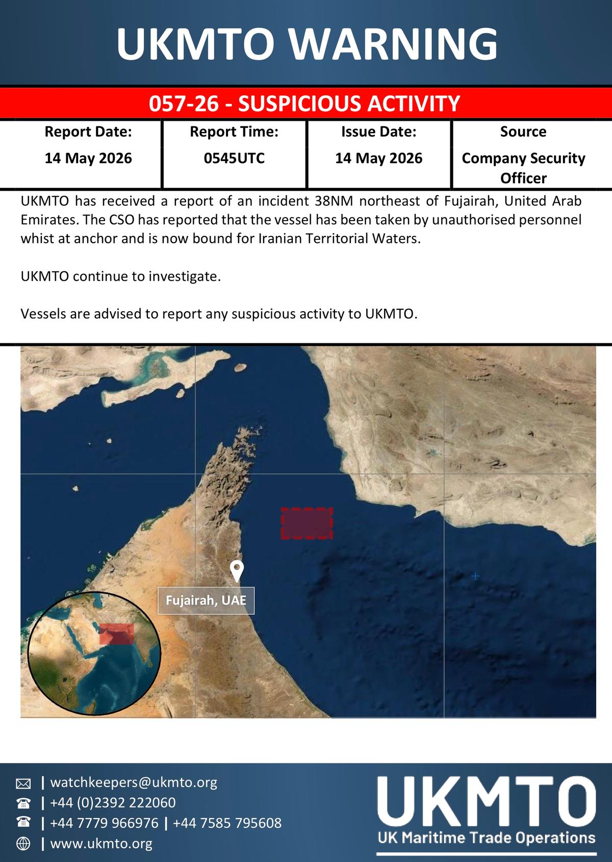 Ship Anchored Offshore the UAE Apparently Hijacked by Iran