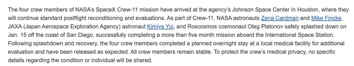 NASA Confirms All Crew‑11 Astronauts Return to Houston