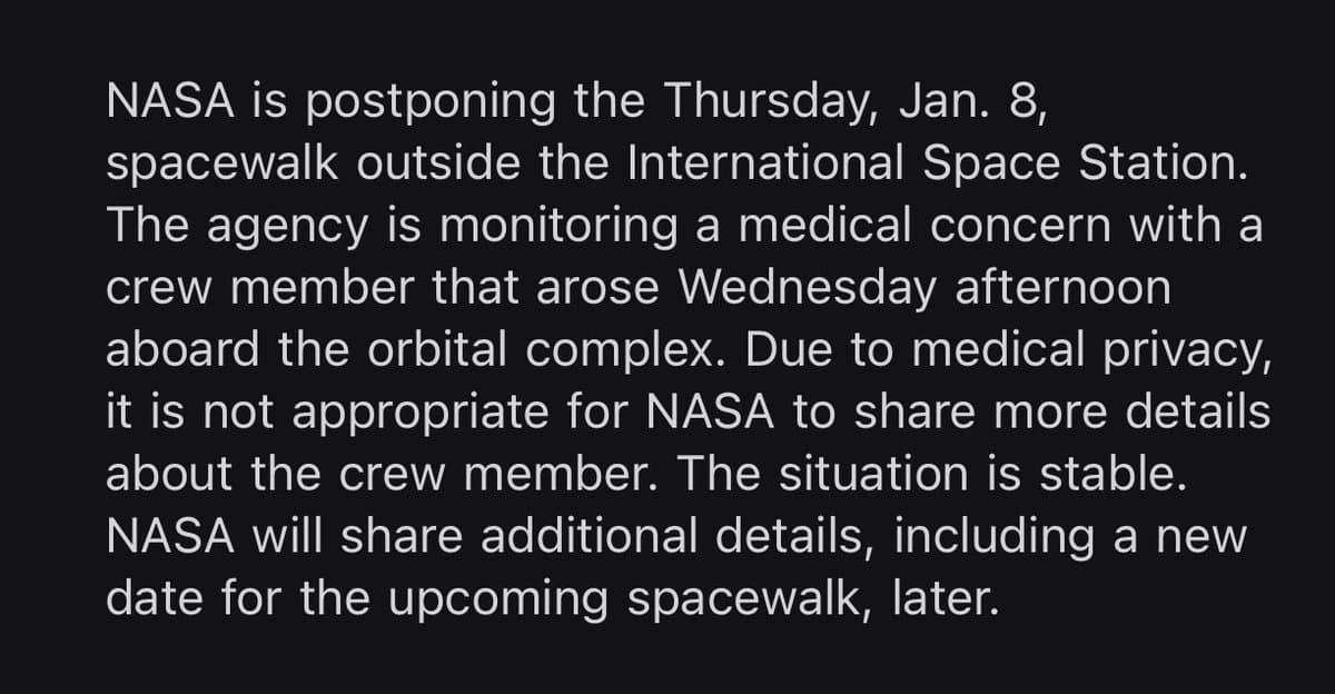 Medical Issue Forces Cancellation of Tomorrow's NASA Spacewalk