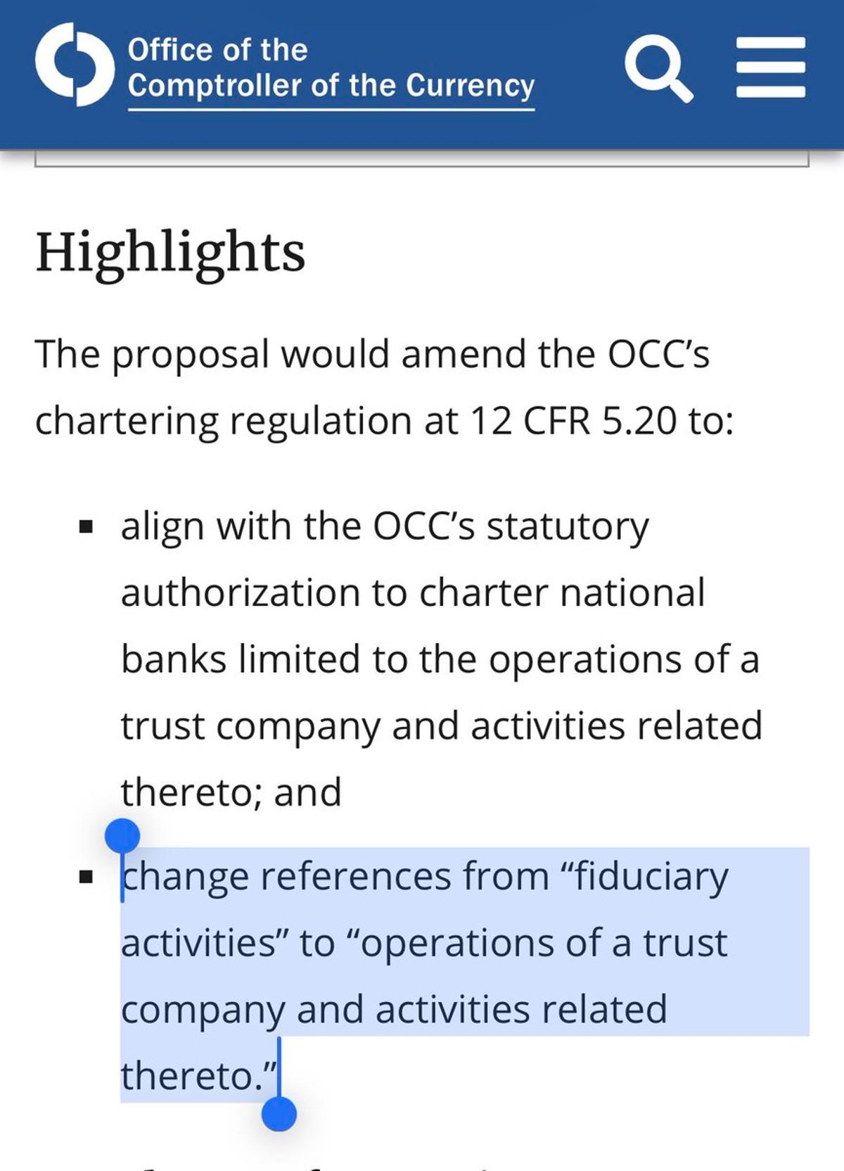 OCC Proposes Rule to Clarify National Trust Banks' Authority