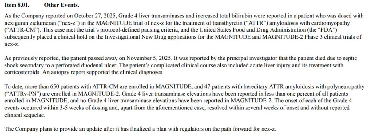 NTLA’s 8‑K Reveals Liver Failure Death From Sepsis