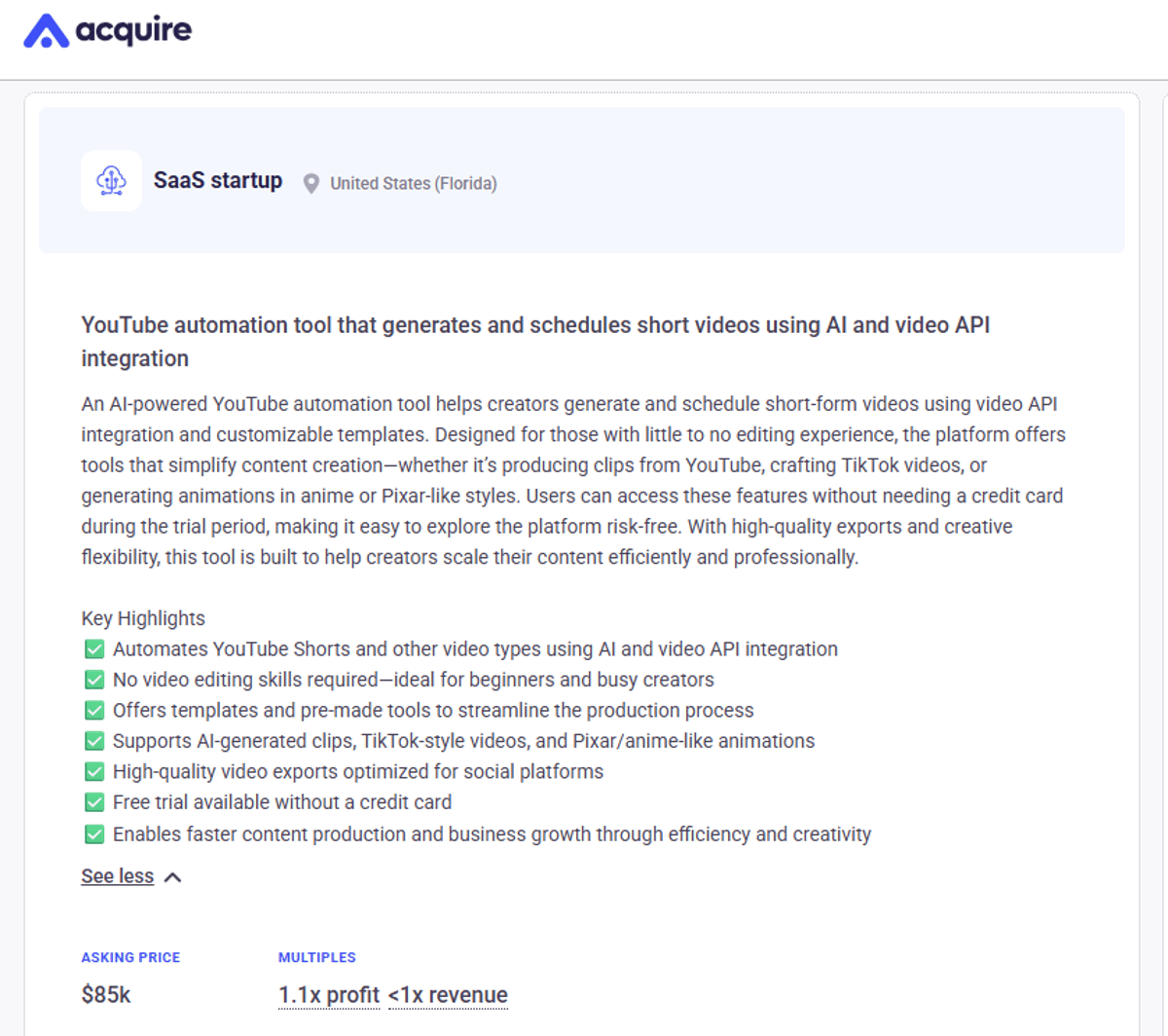 AI Video Creator: Profitable, Ready for Acquisition