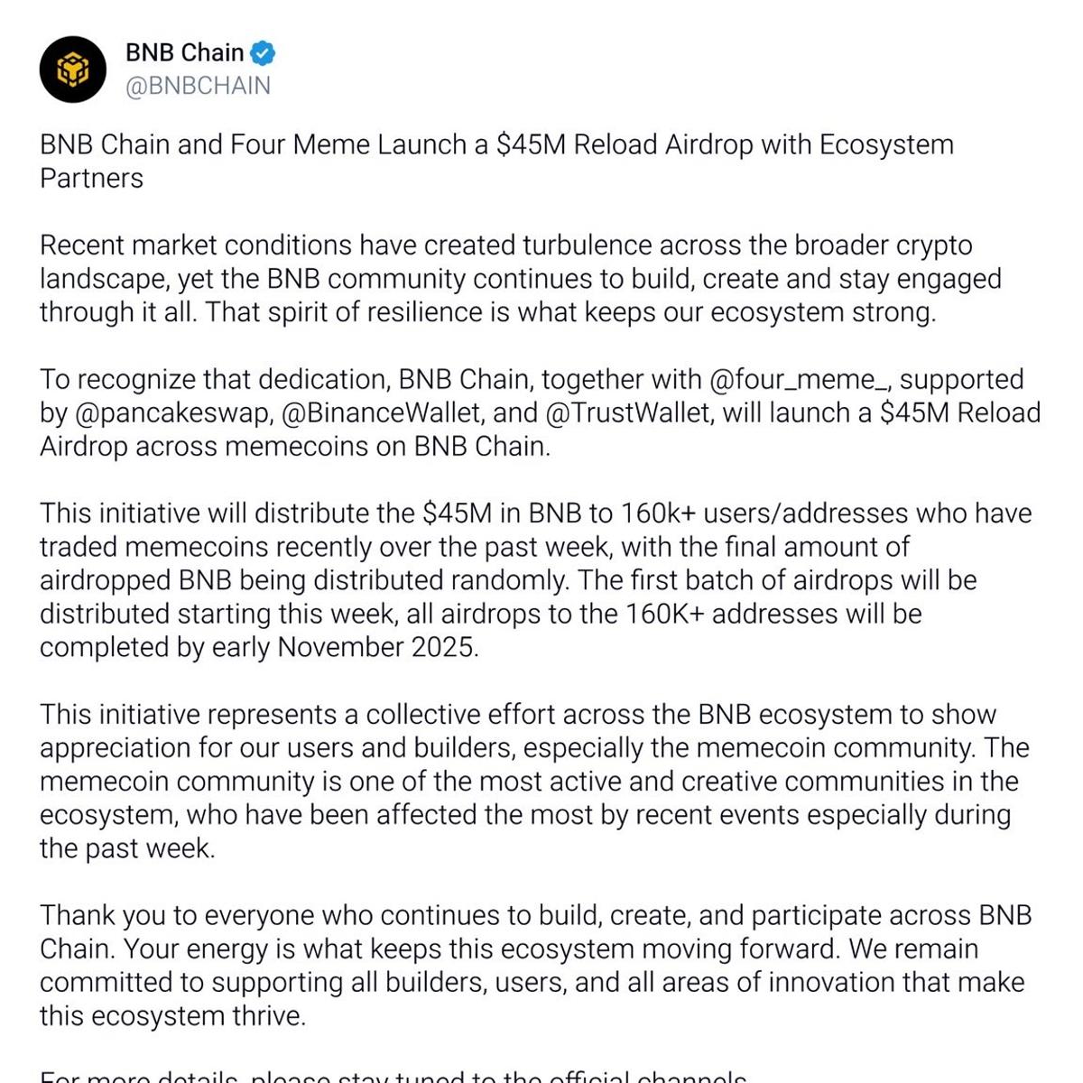 BNB Chain Offers $45M Airdrop to Recent Meme‑coin Traders