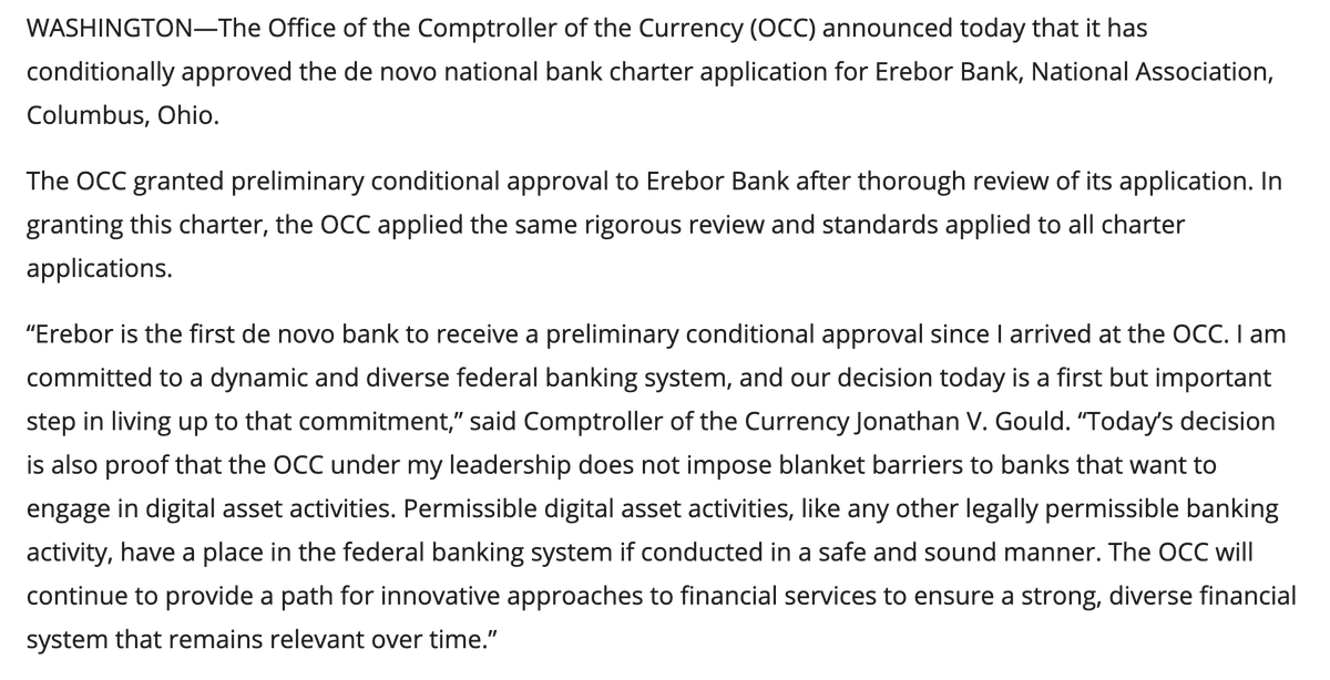 Erebor Secures OCC Conditional Approval, Ushering De Novo Charter Era
