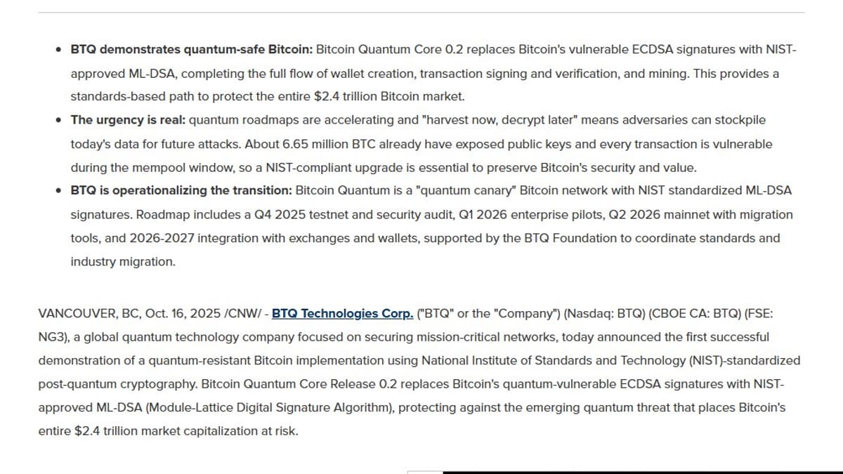 BTQ Deploys Quantum‑Safe Bitcoin to Safeguard $2T Market