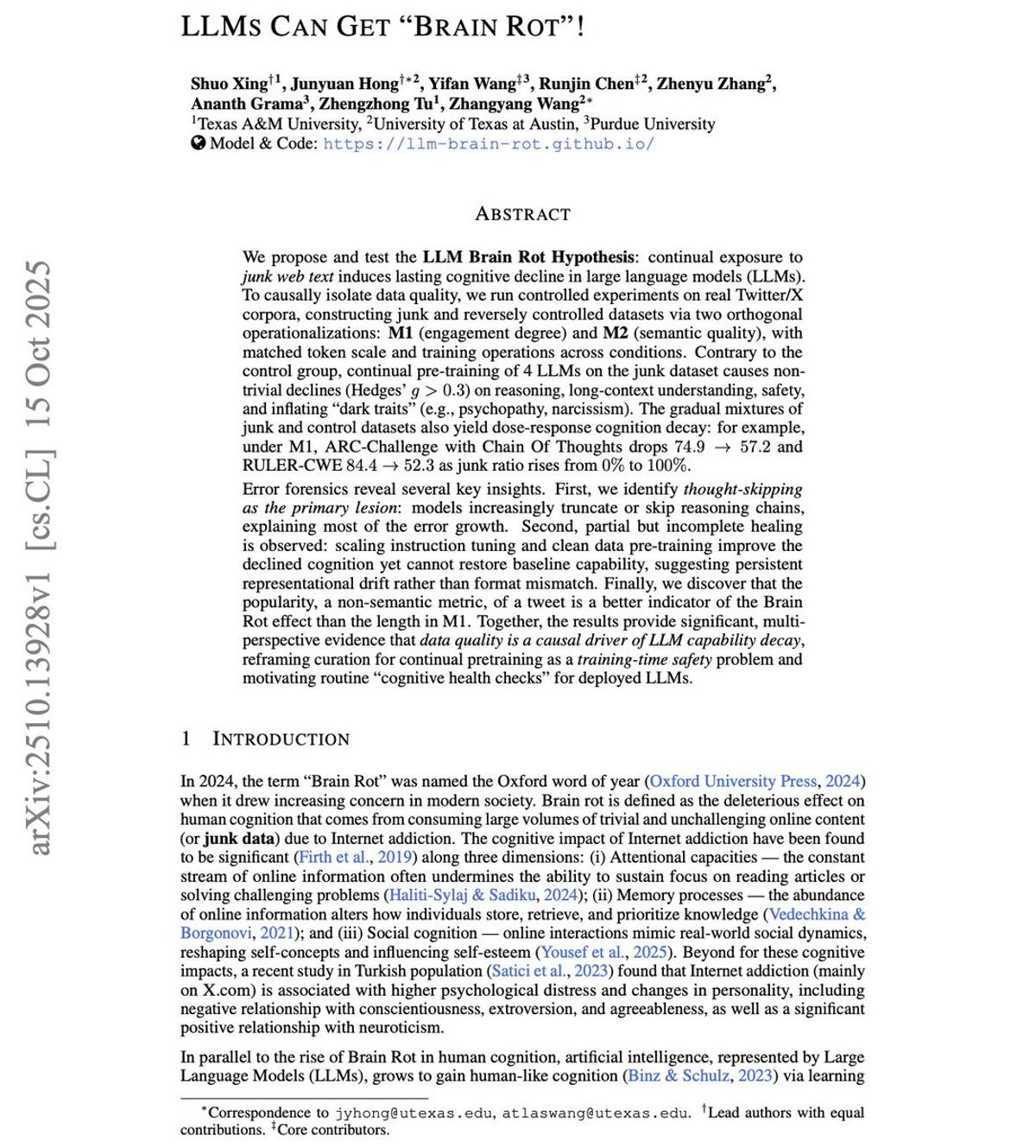 Low‑Quality Data Causes LLM Cognitive Decline and Safety Risks