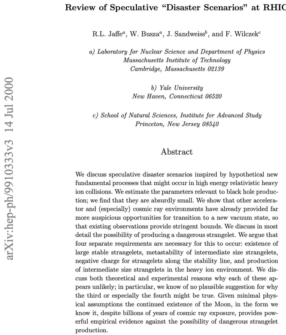 Collider Risk Negligible, Superint