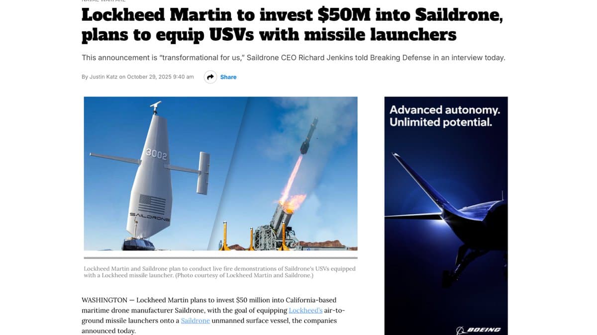 Lockheed Invests $50M in SAILDRONE Autonomous Missile Platform