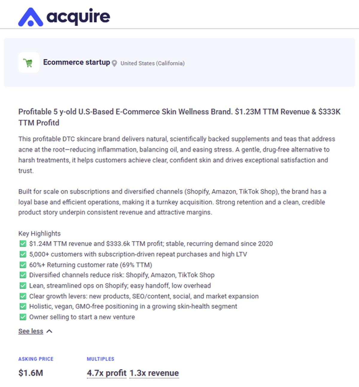 Profitable Skincare DTC Brand with 60% Repeat Rate