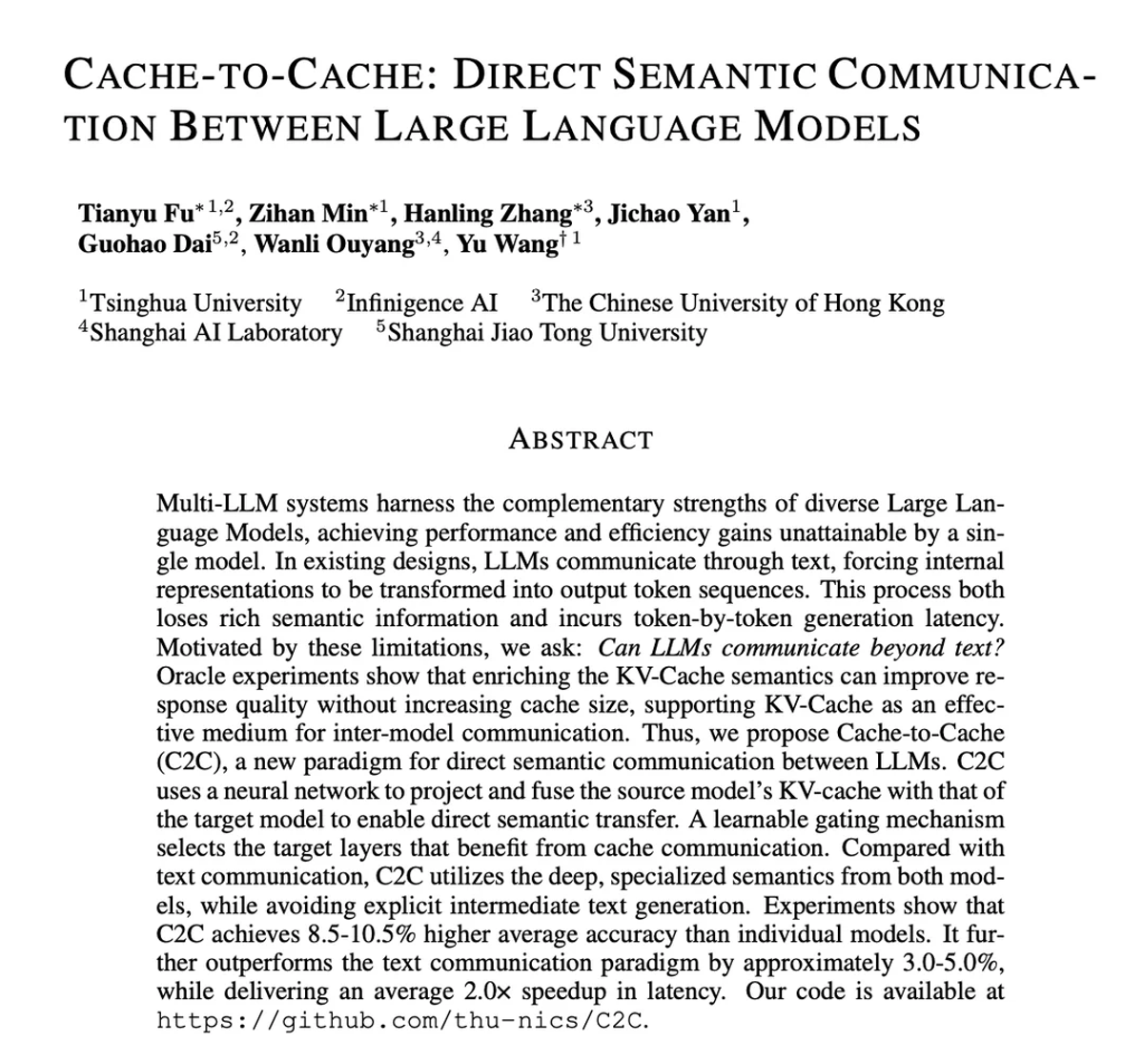 LLMs Communicate Directly via Neural Caches, Boosting Speed