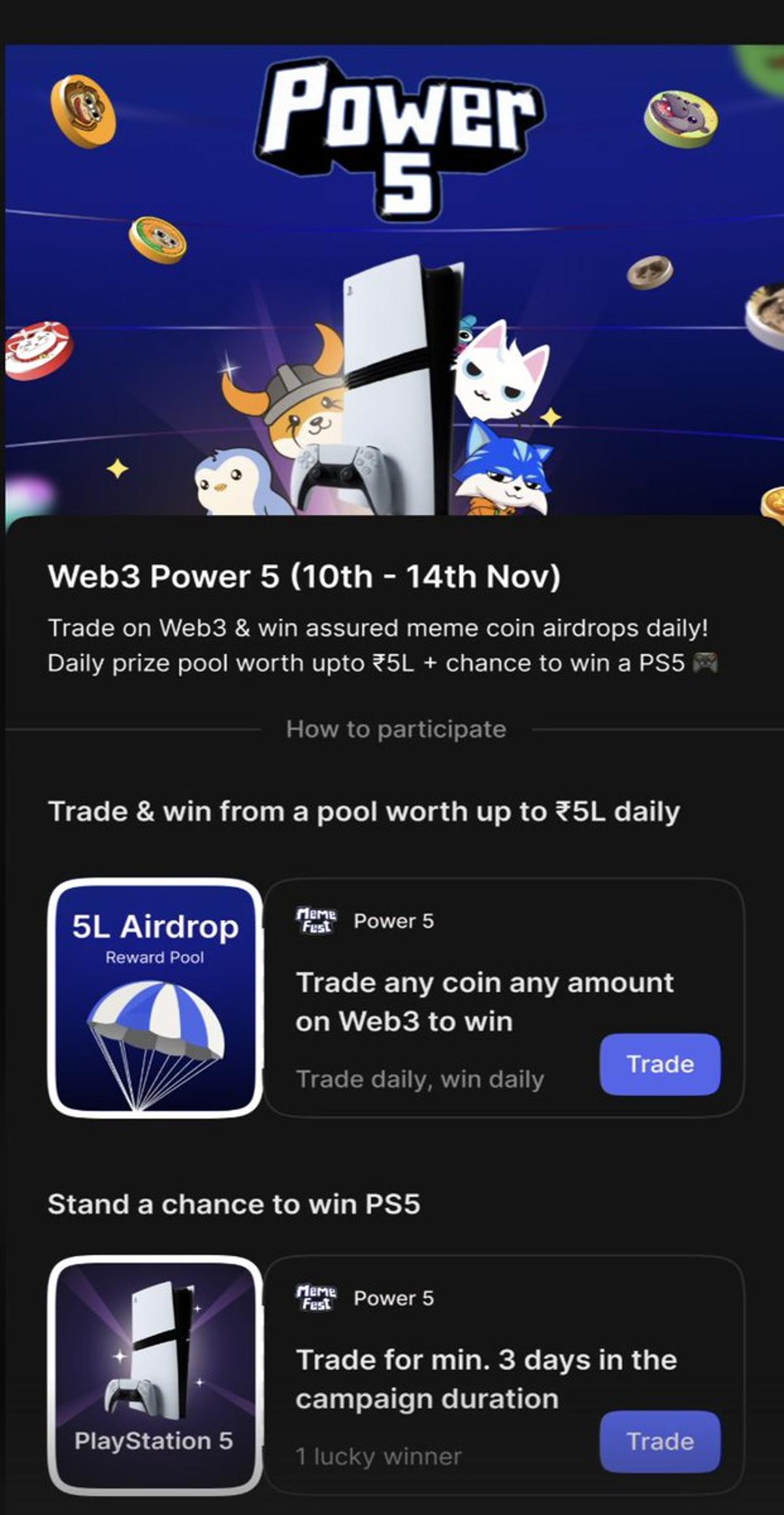 Trade on CoinDCX Web3 for Meme Airdrops and PS5