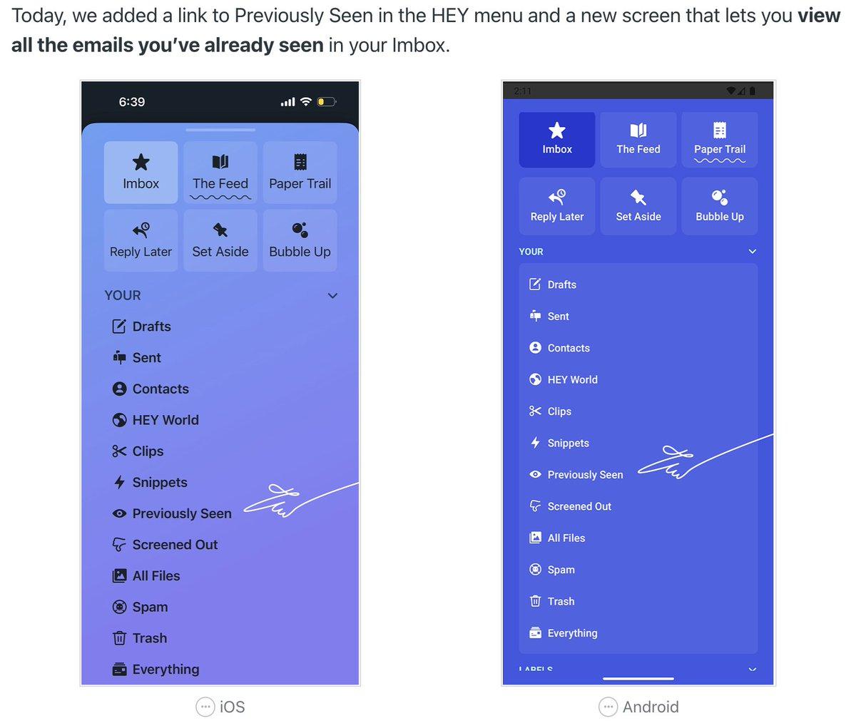 HEY Adds Dedicated Previously Seen Page with Shortcut