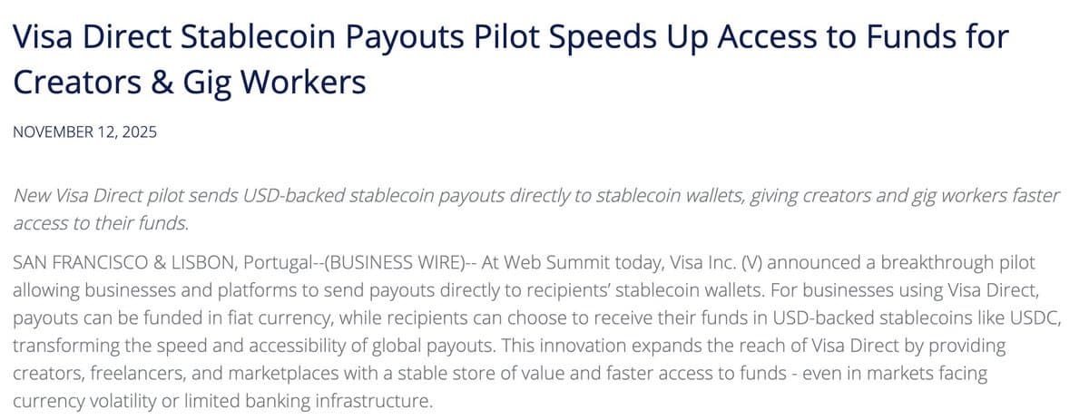 Visa Direct Now Supports Stablecoin Payouts, Major Shift