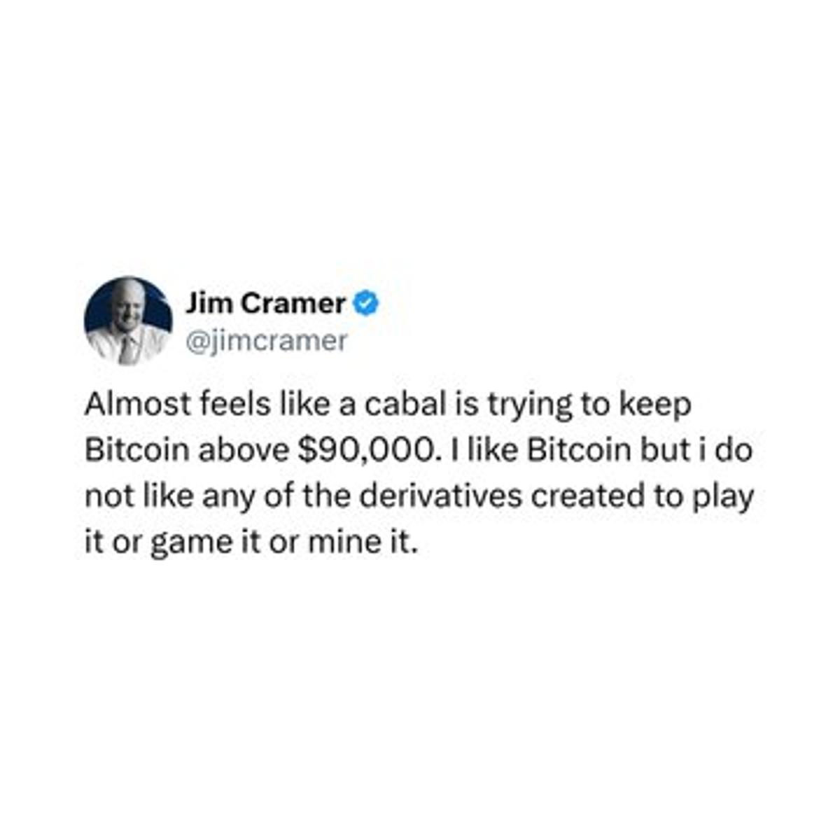 Cramer Claims Cabal Pushing Bitcoin Past $90,000