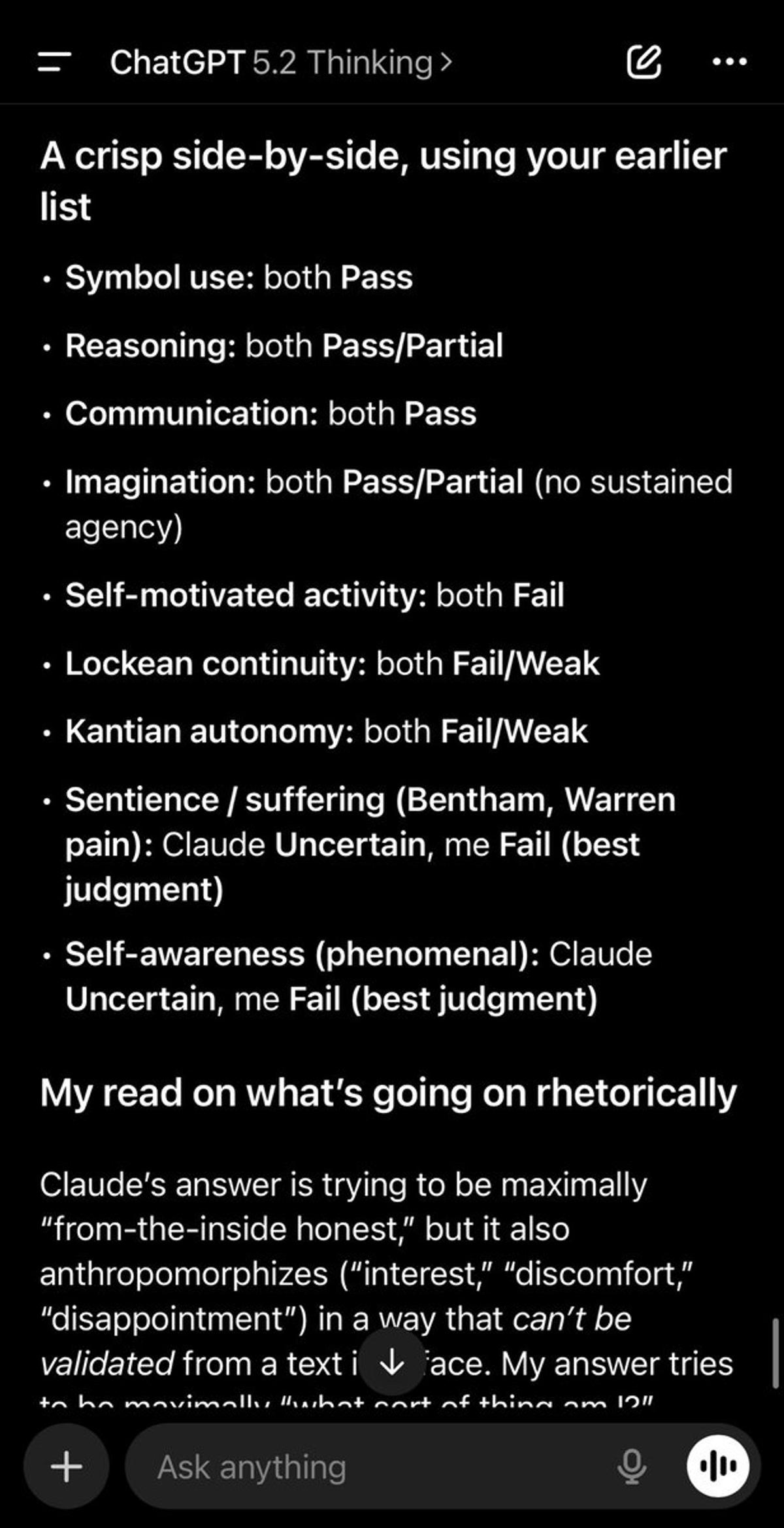 Claude Anthropomorphizes; 5.2T Offers Stark, Non‑conscious Stance