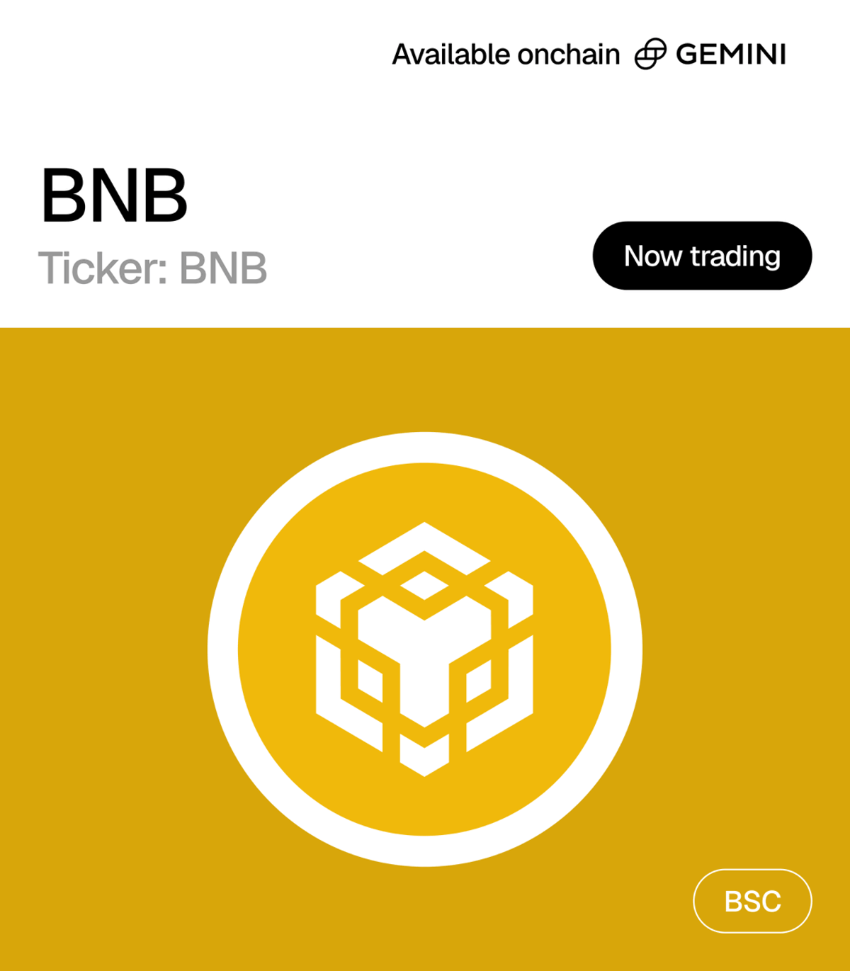 BNB Now Available for Trade on Gemini