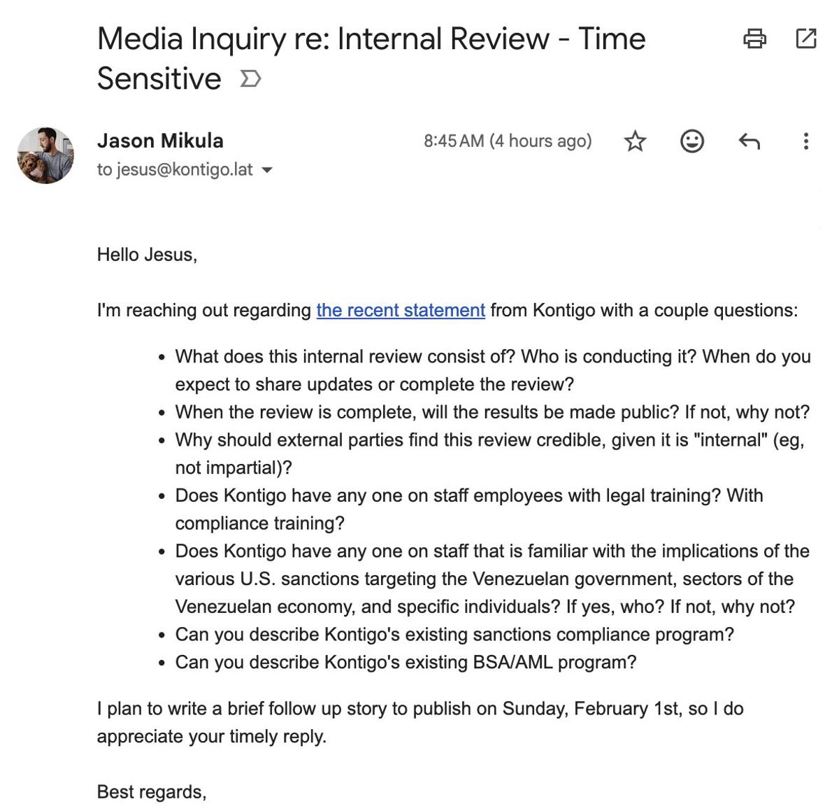 Seeking Transparency on Kontigo's Internal Review and Sanctions Compliance