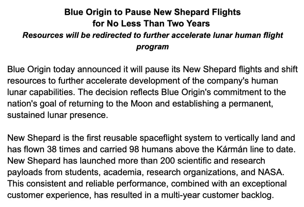 Blue Origin Pauses New Shepard Flights for Two Years