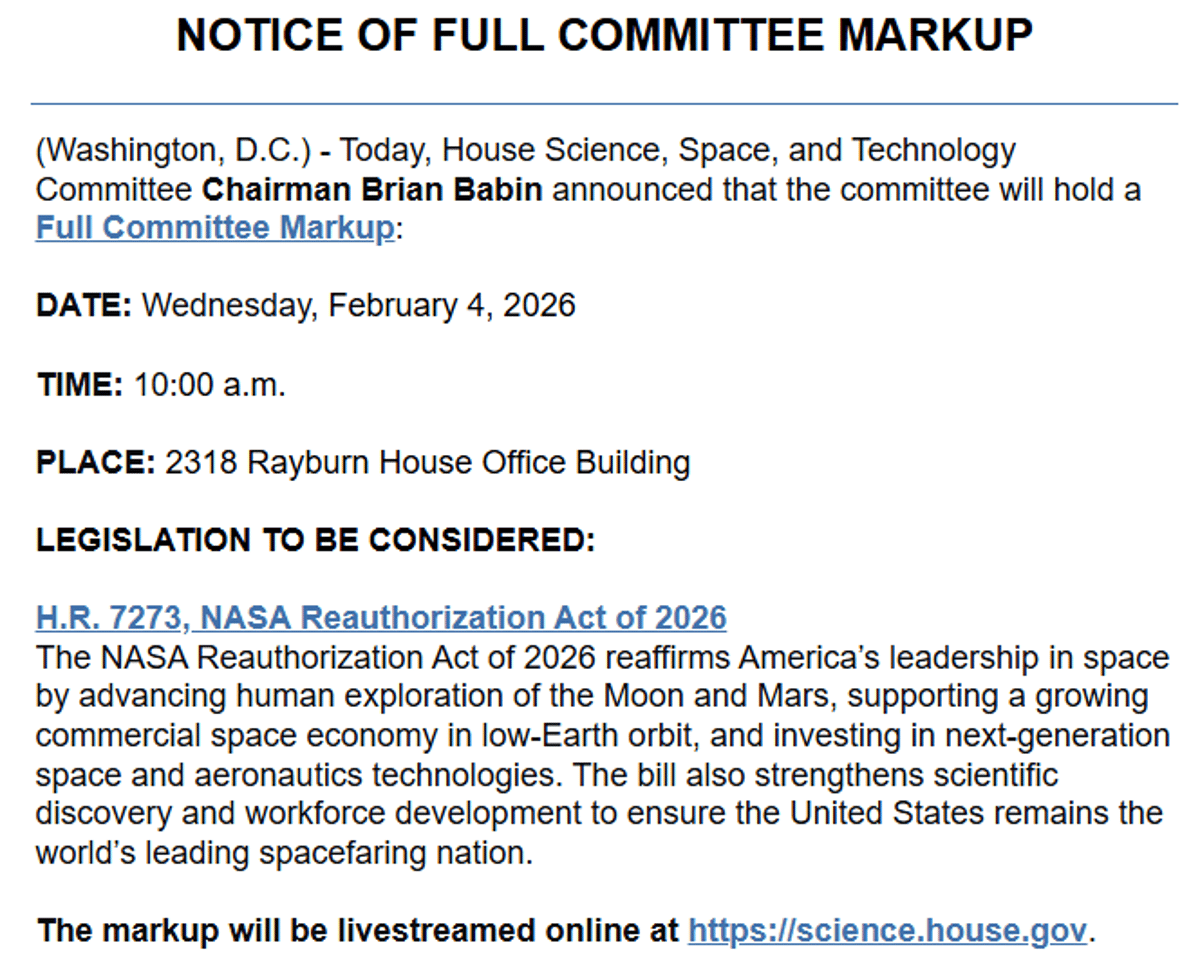 House SS&T to Markup NASA Authorization Bill Wednesday