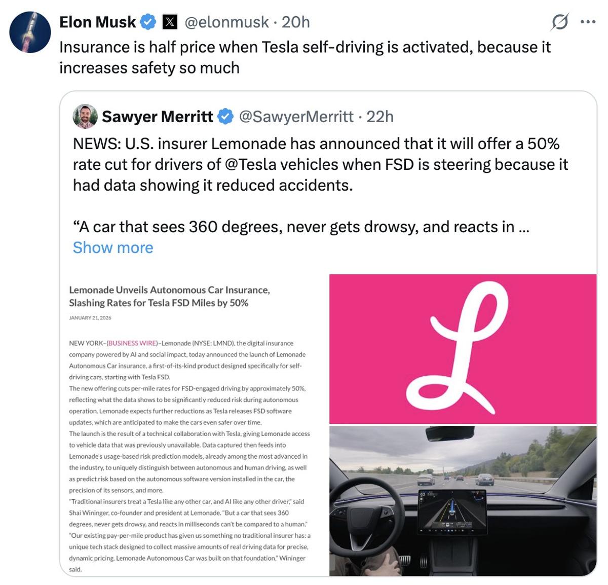Elon Musk Praises Lemonade's Tesla‑FSD Insurance Offering