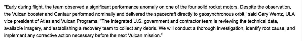 ULA Labels Vulcan SRB Issue a Significant Performance Anomaly