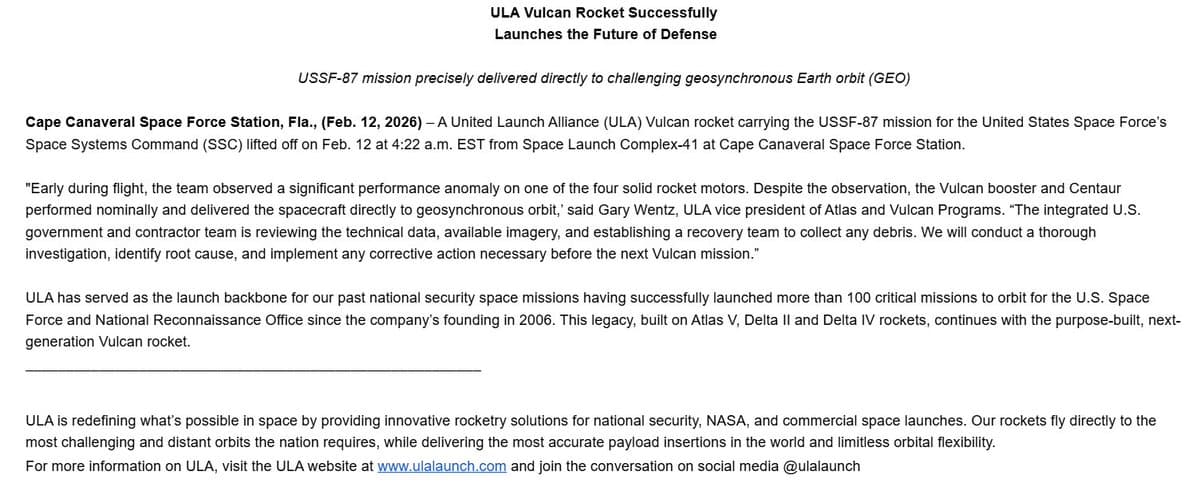 Vulcan Launch Anomaly Reported, Payload Still Delivered