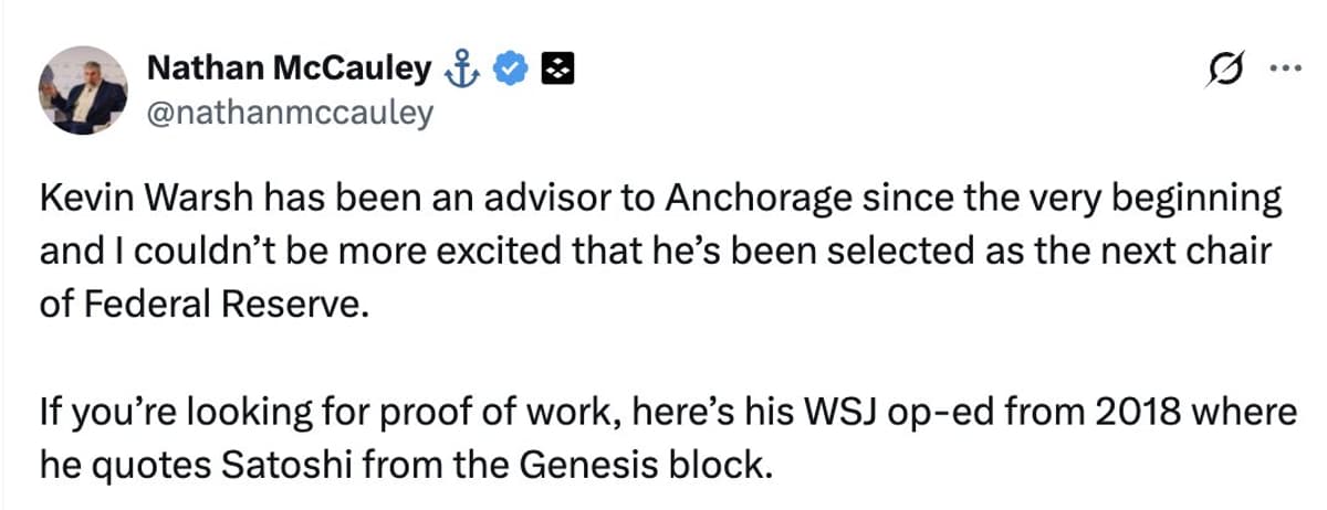 Warsh’s Fed Nomination Backed by Andreessen and Crypto Bank