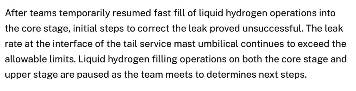 NASA Admits LH2 Loading Leak Fix Unsuccessful