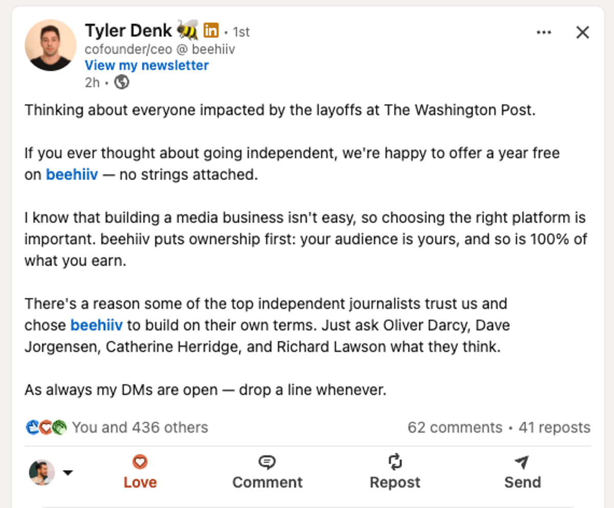 Free Platform for Laid‑Off Journalists Boosts Beehiiv