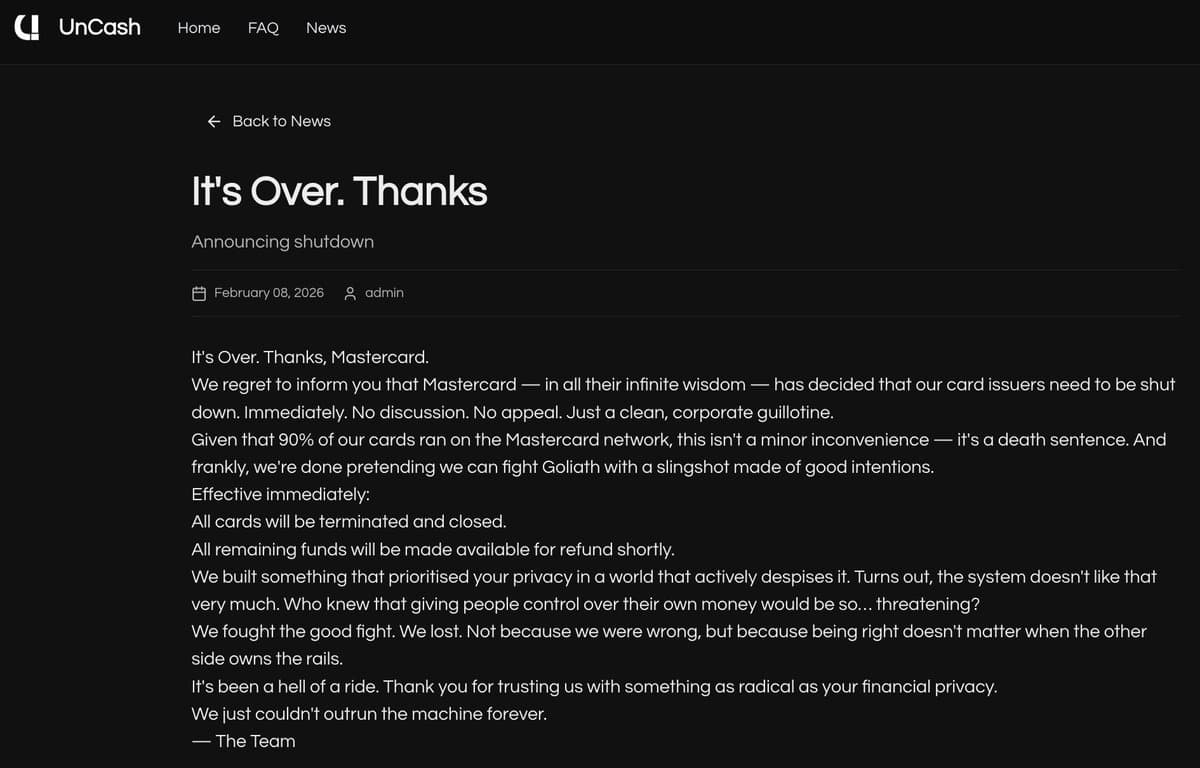 Mastercard Crackdown Forces UnCash Shutdown