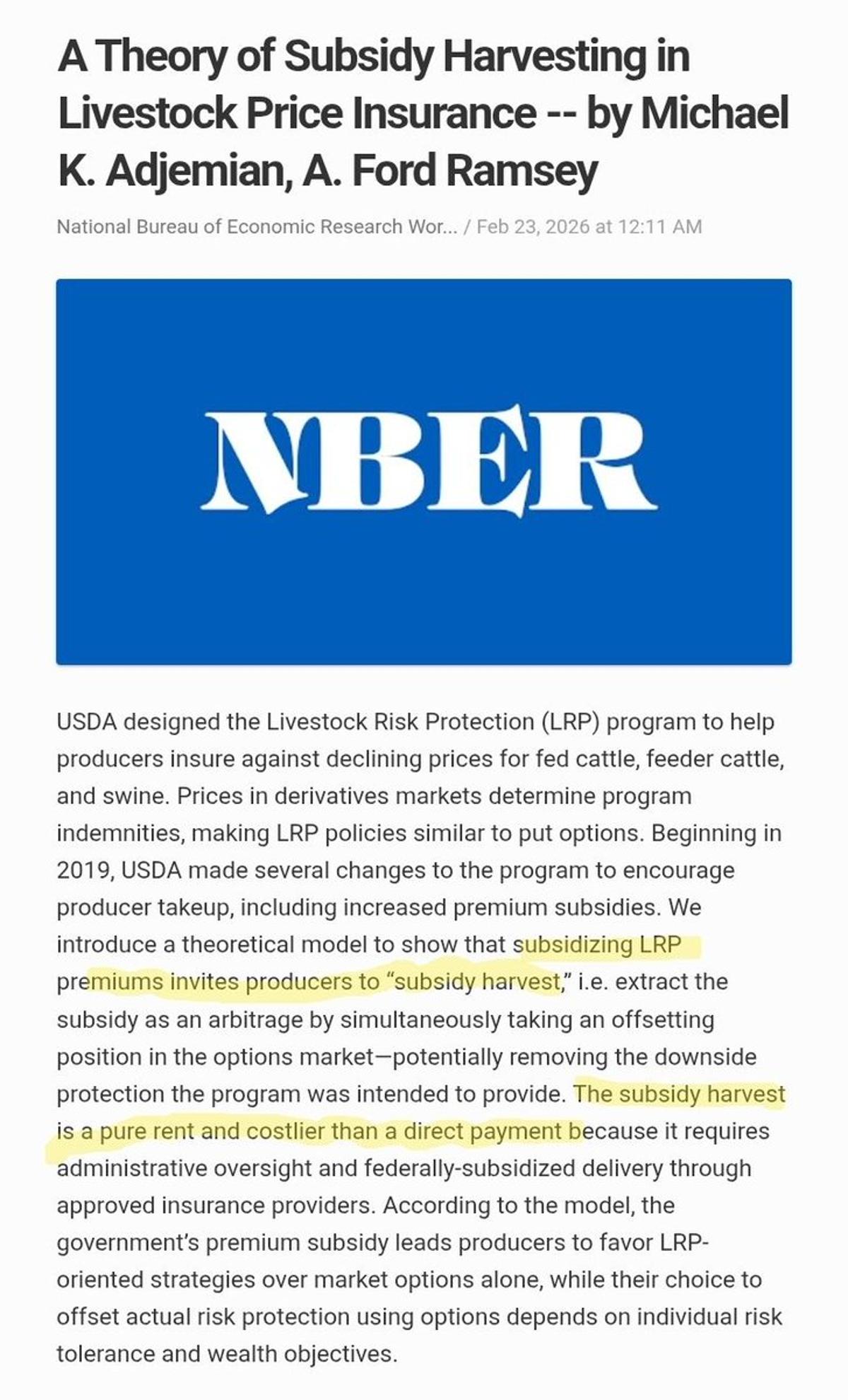 Livestock Insurance Subsidy Harvest Costs More Than Direct Payments