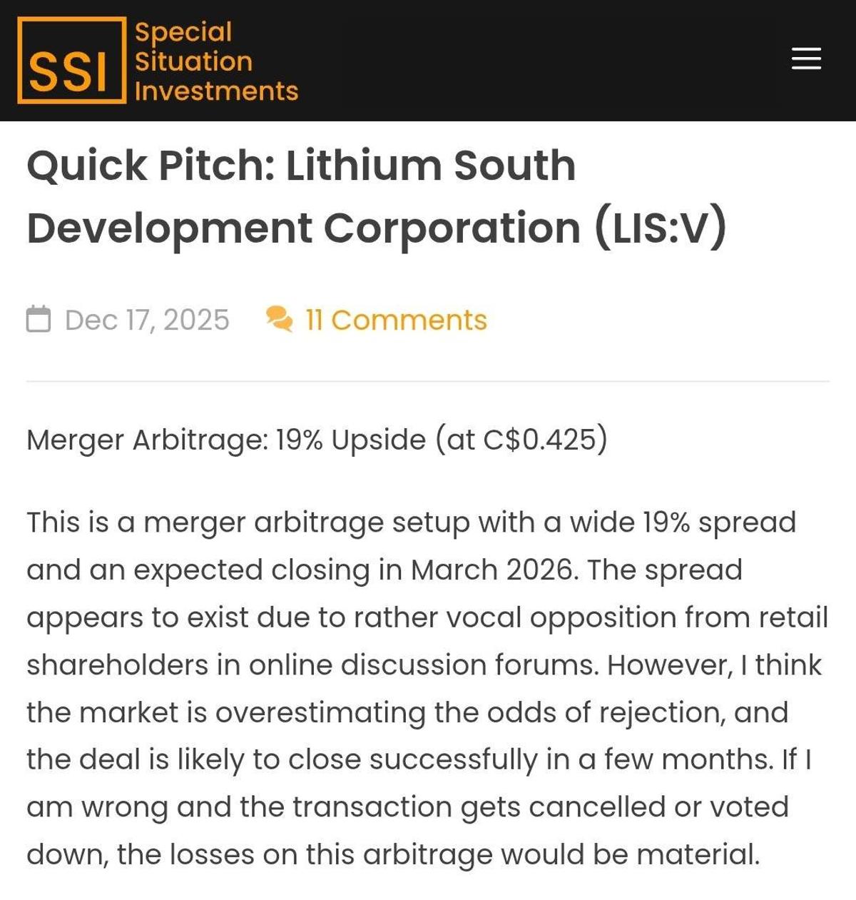 LIS.V Merger Arb Cuts Spread From 19% to 3%