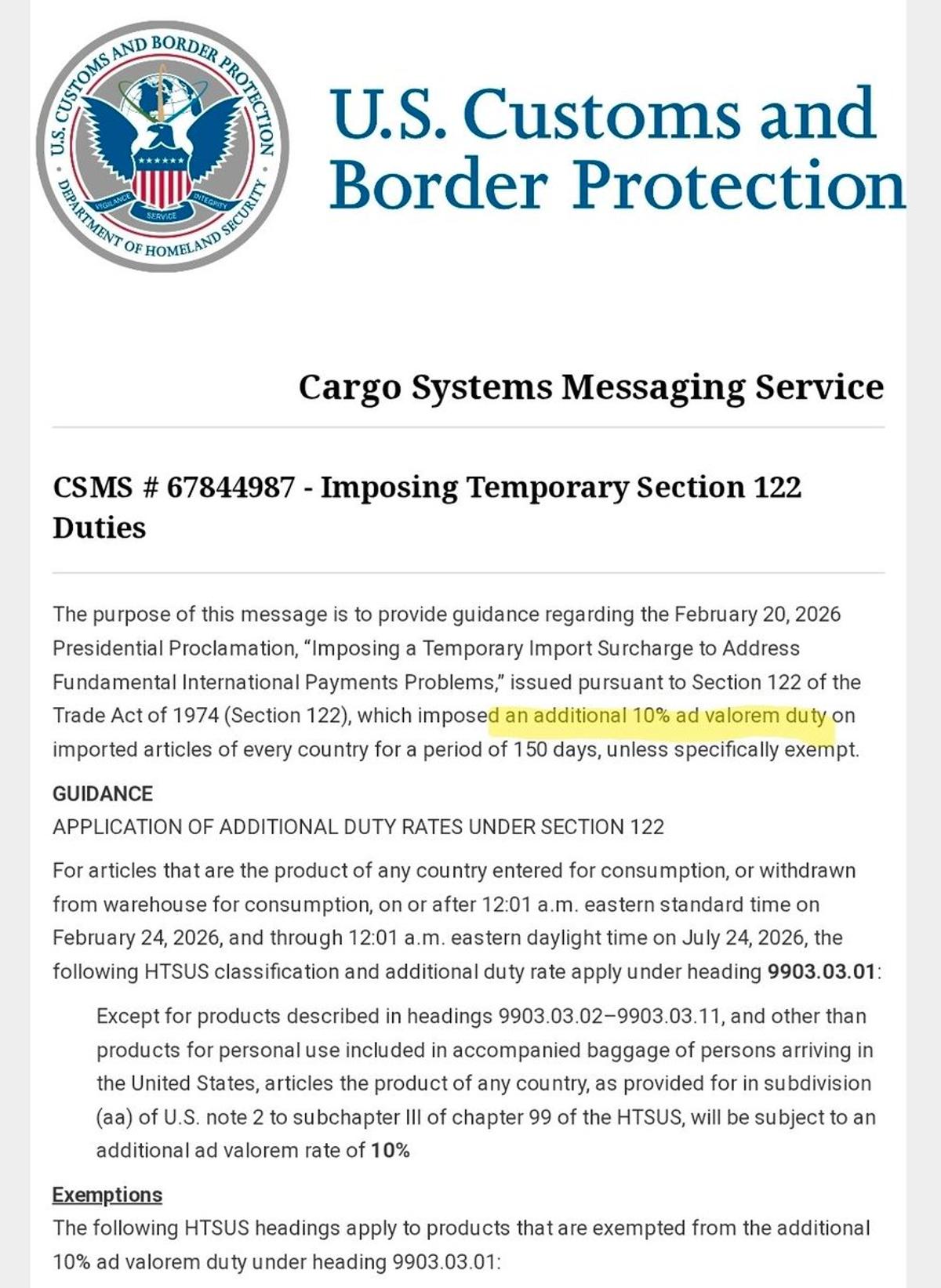 Section 122 Tariffs Reduced to 10% From 15%