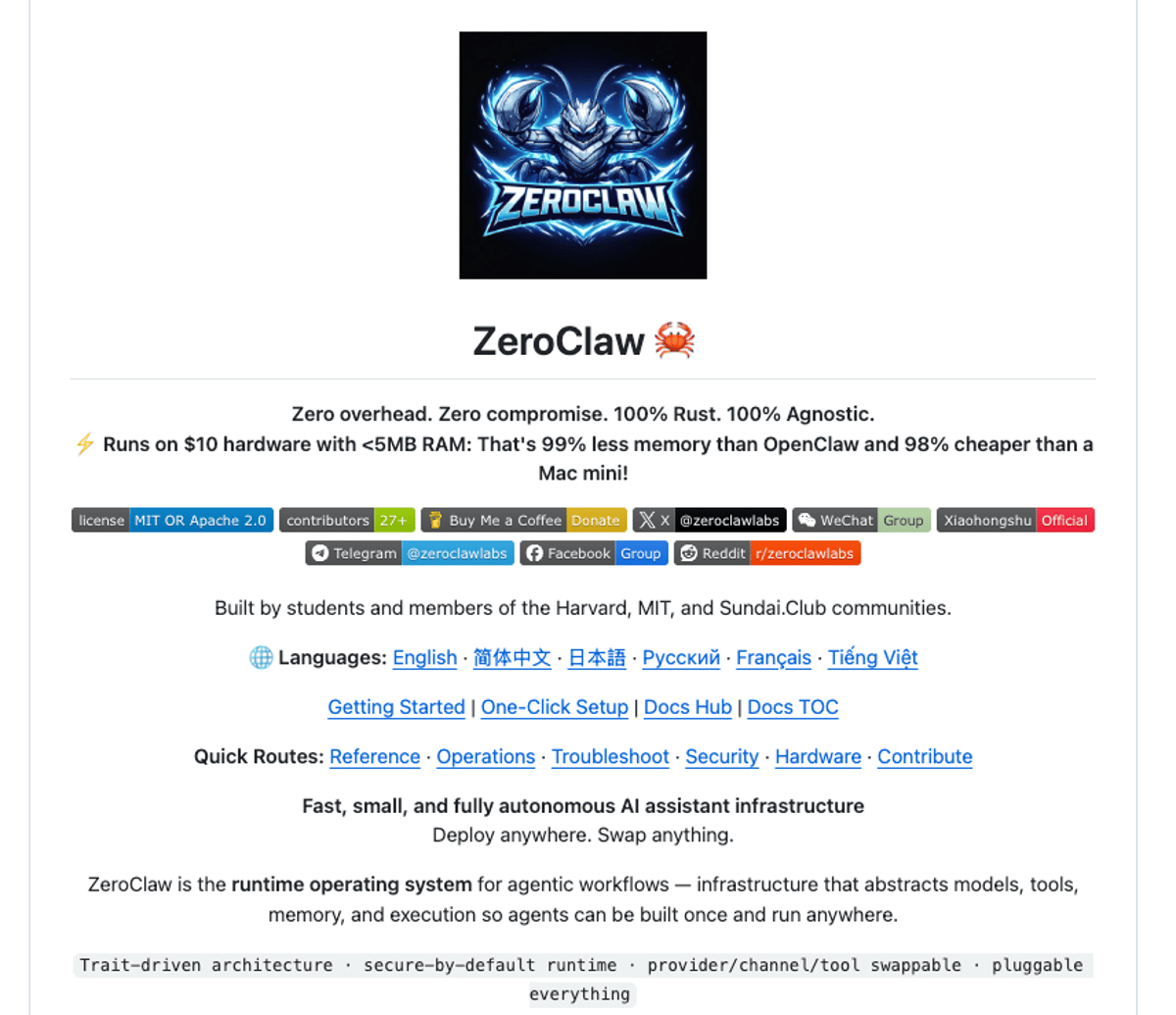 ZeroClaw Runs on $10 Hardware with <5 MB RAM