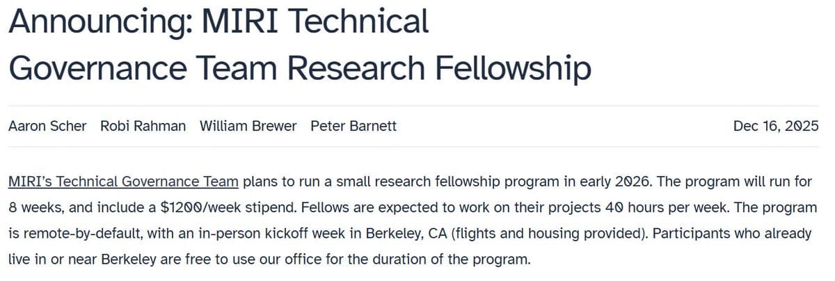 MIRI Technical Governance Fellowship Applications Due Feb 22
