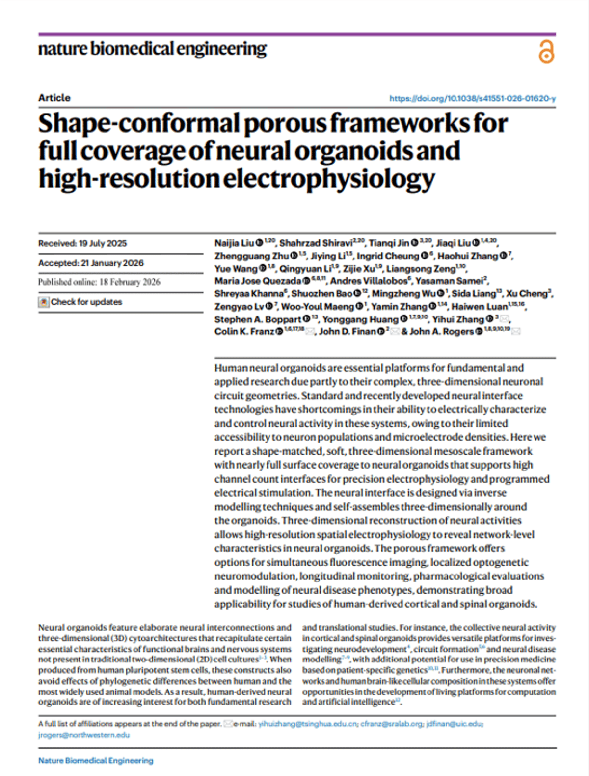 Shape‑conformal 3D Frameworks Enable Full‑surface Neural Organoid Electrophysiology