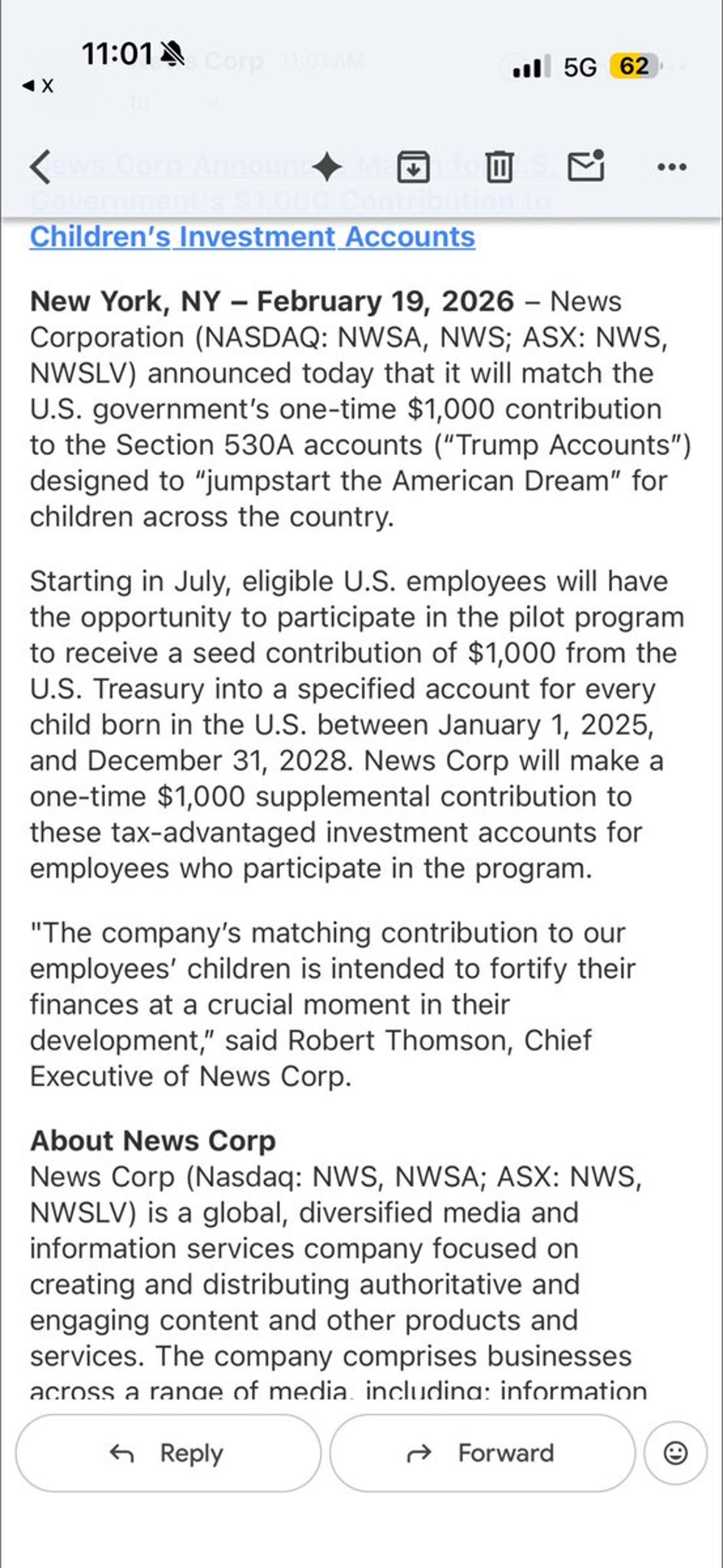 Fox and News Corp Pledge $1,000 Match for Trump Accounts